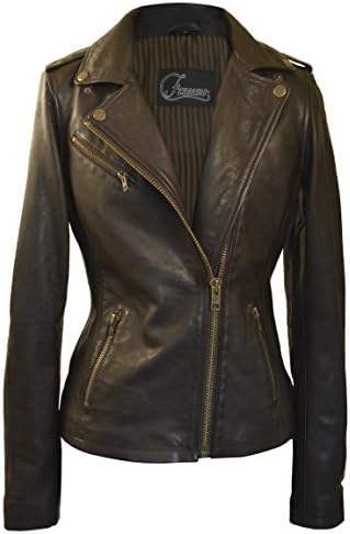 Faneema Women's Riva Moto Leather Jacket, Espresso Brown (Extra Large)