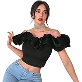 WDIRARA Women's Off The Shoulder Ruffle Trim Short Sleeve Crop Top Cocktail Party Blouse
