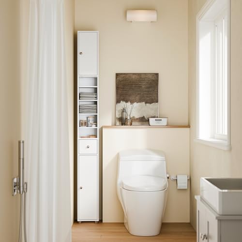 SoBuy Slim Bathroom Storage Cabinet, Narrow Storage Cabinet, Tall Slim Cabinet with Adjustable Shelves, Floor Standing Cupboard for Small Spaces, Bathroom or Laundry Room Organizer, White BZR34-W