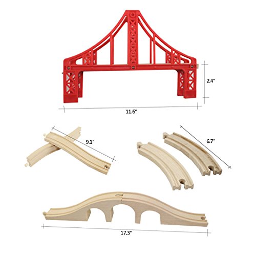 Wooden Train Track Set, OrgMemory Suspension Bridge, Viaduct Bridge, Curved Track Compatible with All Major Brands