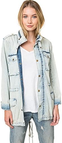 Women's Loose Denim Jacket Coat Washed BF Long Sleeve Casual Outerwear By Hayden Los Angeles, Ice Denim, Large