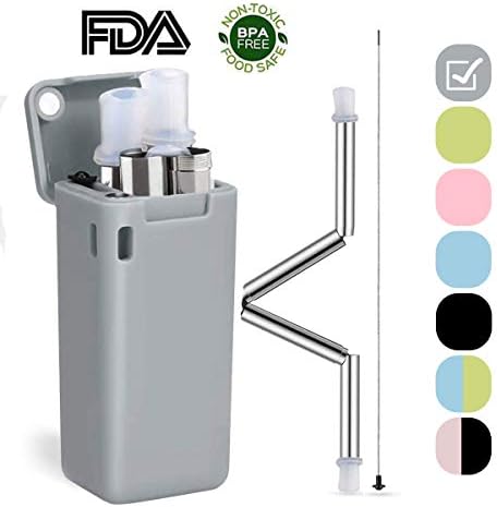 Portable Collapsible Straws, Reusable Stainless Steel Drinking Folding Straws with Cleaning Brush (Grey)