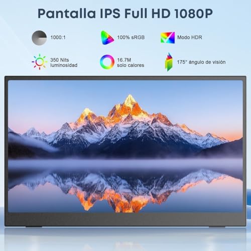 Monitor Portátil de 15,6 Pulgadas. Monitor para Juegos IPS Full HD 1080p/60Hz con Puertos USB-C y HDMI, Compatible con Portátiles, Ordenadores, Teléfonos Móviles, PS5, Mac, Xbox y Switch (Negro).