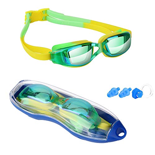 Hurdilen Kids Swim Goggles, Swim Goggles for Kids Swimming Goggles with Anti-Fog UV Protection No Leaking Coated Lens with Case,Nose Clip,Earplugs for Boys Girls Youth Kids (Light Green)
