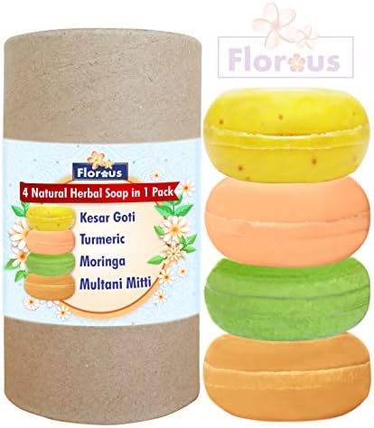 Florous 4 Natural Soap in 1 Pack, (4 x 100 gm, Kesar Goti, Turmeric, Moringa, Multani Mitti Soap)