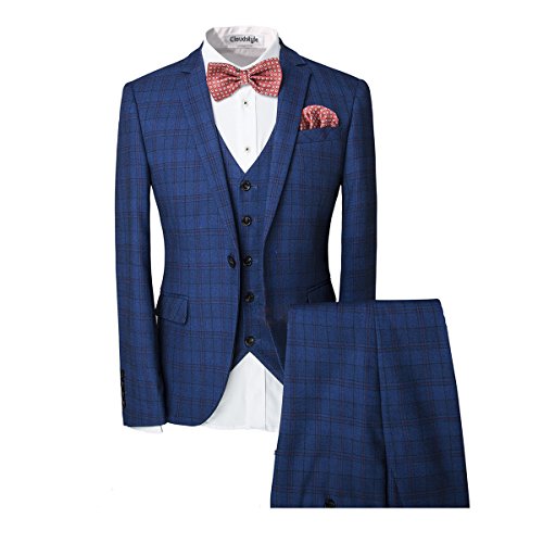 Cloudstyle Men s One-Button Designer Luxurious Suits Plaid Tuxedos 3-Piece Set (Large, Blue)