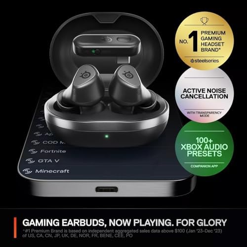Arctis GameBuds™ per Xbox - Auricolari da gioco wireless - 2,4 GHz + BT5.3 - Modalità ANC/Transparency - Resistenza all'acqua IP55 - Durata batteria 40 ore - Ricarica wireless - Xbox, PS5,