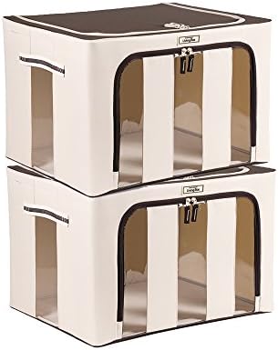 LivingBox 70 Quart/ 66 Liter Extra-large Foldable Storage Containers Fabric with See-through Window, Oxford Fabric Storage Bins, 2 Pack, Natural