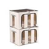 LivingBox 70 Quart/ 66 Liter Extra-large Foldable Storage Containers Fabric with See-through Window, Oxford Fabric Storage Bins, 2 Pack, Natural