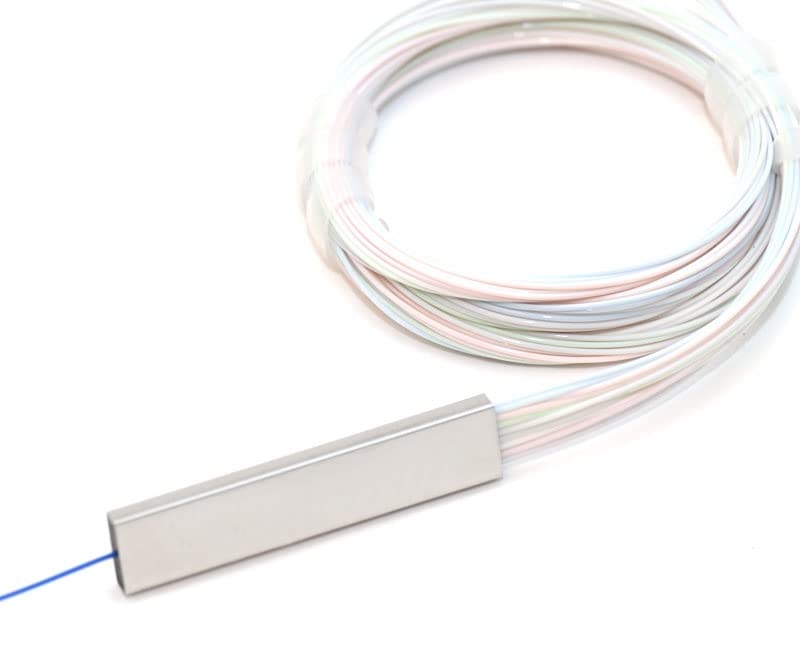 CHB 1:4 Fibre Optic Mini PLC Splitter, 0.9mm Steel Tube, Single Mode 9/125, 1260nm to 1650nm, White Optical Pigtails (1x4 - No Connector on Input, LC/APC on Outputs)