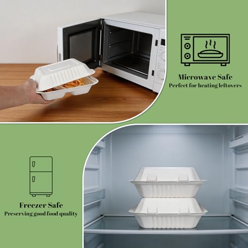 Lucklot 100 Pack Togo 8×9 Inch Disposable 3 Compartment White Clamshell Take Out Containers with Lids, To Go Takeout Lunch Boxes Compostable and Eco-Friendly Biodegradable Bagasse PFAS-Free for Food