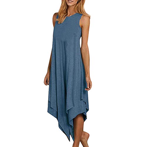 Sengei Women Maxi Dress Soild Long Dresses Casual Loose Kaftan Oversized Round Neck Irregular Hem Sundress (M, Blue)