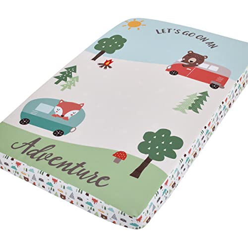 NoJo Little Love Retro Happy Camper Green and White Let's Go On an Adventure Photo Op Fitted Mini Crib Sheet