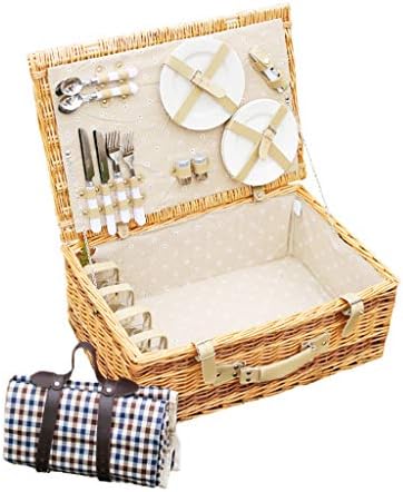 LXS 4 People Picnic Wicker Basket, Hand Made Picnic Basket and Picnic Gift Basket Set for Camping and Outdoor Parties Natural Wicker Basket