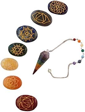7 CHAKRA BALANCING HEALING REIKI stones ENGRAVED with symbols included a 7 CHAKRA PENDULUM in velvet bag