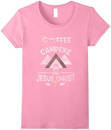 Womens Coffee Campfire and Jesus Funny Camping Distressed T-Shirt XL Pink