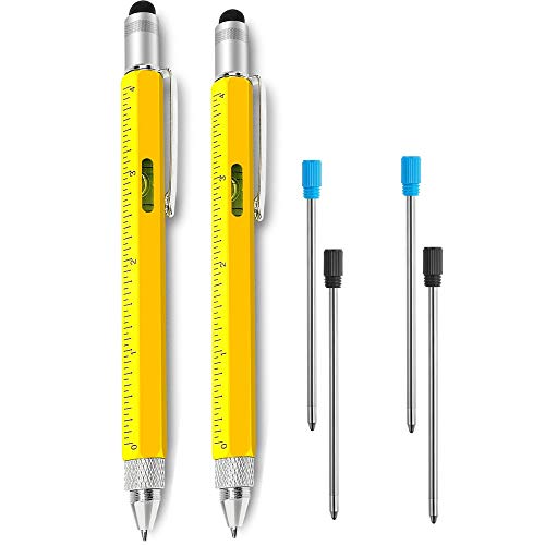 Falytemow 6 in 1 Multi Tool Tech Pen Multifunction as 0.7mm Black Ballpoint Pen Touchscreen Stylus Ruler Level Flathead and Phillips Screwdriver Cool Pen for Christmas or Valentine Gift (2pcs Yellow)