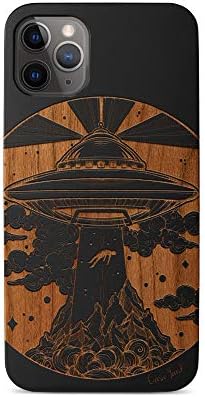 CaseYard Wood Phone case for iPhone 11 Pro Max Laser Engraved Alien Spaceship Design Black Wood Compatible iPhone case Protective Shockproof Slim fit Cell Phone Cover for Men & Women
