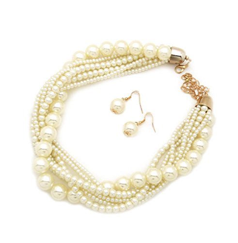 Fashion 21 Women's Twisted Multi-Strand Simulated Pearl Statement Necklace and Earrings Set (Cream Tone)