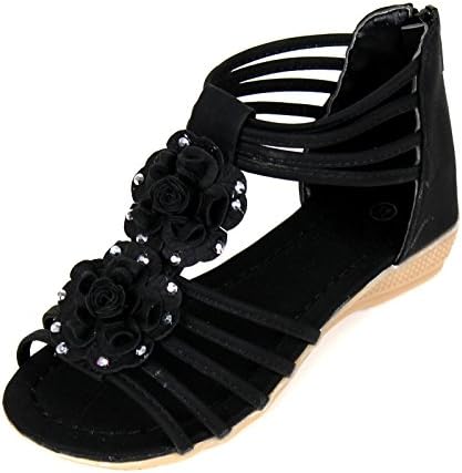 Girls Kids Gladiator Strappy Floral Dress Flat Flip Flops Sandals Shoes (11, Black)