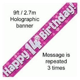 9ft Banner Happy 14th Birthday Pink Holographic, 9 ft