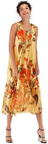 Xinqiao Women's Scoop Neck Floral Print Sleeveless Chiffon Midi Beach Dress