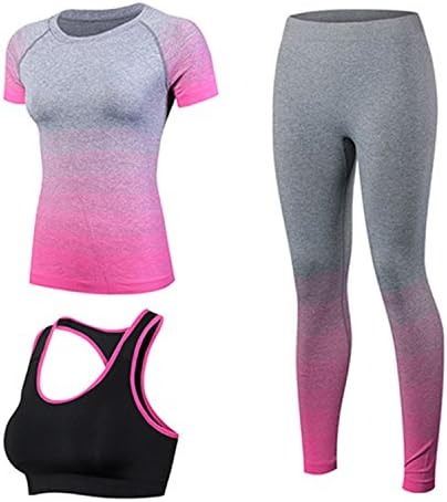 Pajamasea Stripe Gradient Women Yoga Sets Running Set Quick Dry Trucksuit Sport (T-Shirt +Bra +Pant)