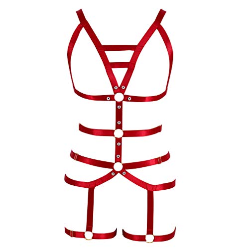 Women Strappy Full Cage Body Harness Lingerie Garter Belt Set Strap Hollow Top Bra Punk Gothic Festival Wear (Wine Red N65)