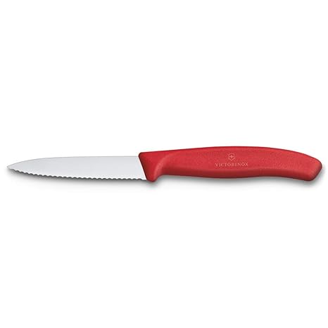 Victorinox Kitchen Knife, Stainless Steel Swiss Made Vegetable Cutting and Chopping Knife, Serrated Edge, 8 cm, Red