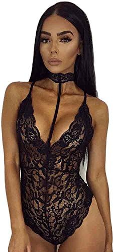 Yuelove Women Lace Backless Jumpsuit Swimsuit Bodysuit Hollow Out Clubwear Playsuit Sexy Sheer Mesh Streetwear Erotic Leotard Transparent Slim Pajamas Lingerie Babydoll Underwear (S, Sexy Black)