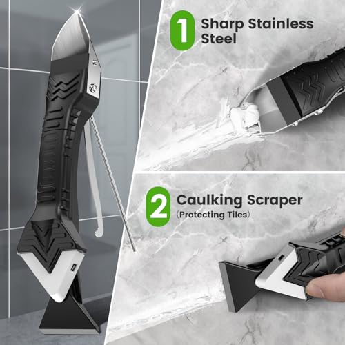 Caulking Tool 5 in 1 Silicone Caulking Grout Removal Sealant Finishing Tool with Grout Scraper, 6 Exchange Silicone Pads, Adhesive Residue Scraper Seam Repair Kit for Kitchen Bathroom White
