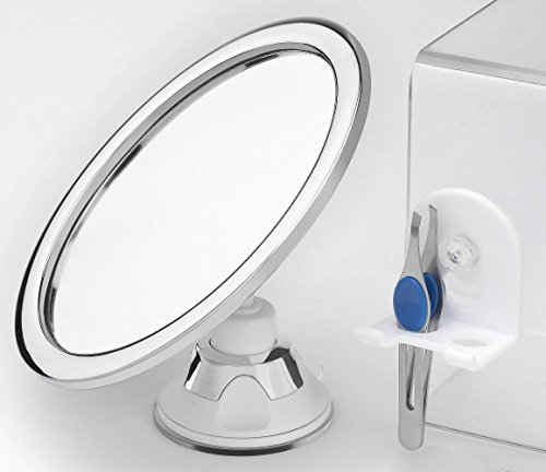 KlassyHome no Fog Rotating Shower Mirror with Locking Suction, Razor Holder and Tweezer Included
