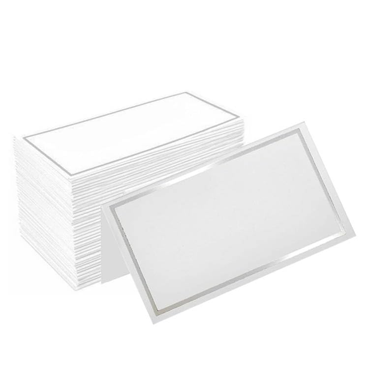 50 Pieces Place Cards, Name Cards for Table Setting, Table Place Cards, White Cardstock with Silver Foil Edge, Blank Fillable Banquet Seat Tents for Weddings Escort Cards Placecards