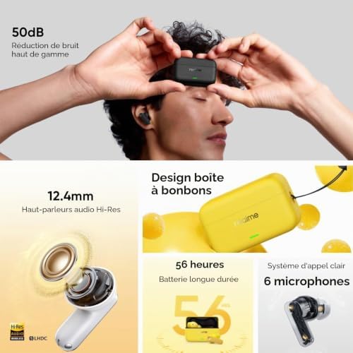 Buds T500 Pro Écouteurs Bluetooth sans Fil Intra-Auriculaires avec ANC 50dB, 56h d'autonomie, Son Hi-Res, Bluetooth 6.1, IP55, 6 micros, Connexion Multi-appareils (3 appareils) – Argent
