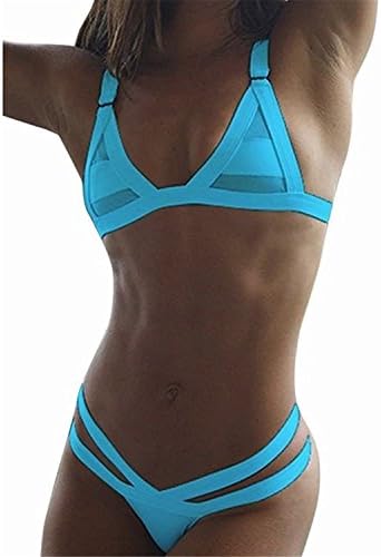 Sanksk Sexy hot Sexy Womens Push Up Bandage Triangle Bikini Set Eyelash Lace Mesh Swimsuit Charming BlueX-Large Charming