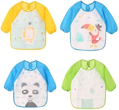 HaimoBurg 4 Pcs Long Sleeved Baby Toddler Bibs Double Material Waterproof Sleeved Bib 12-36 Months