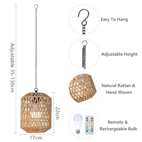 Rayofly 2 Pcs Indoor Rechargeable Hanging Lamp, Boho Hanging Lamp with Battery, Rattan Hanging Lamp without Power Supply, Outdoor Garden Lights with Bulb & Remote Control