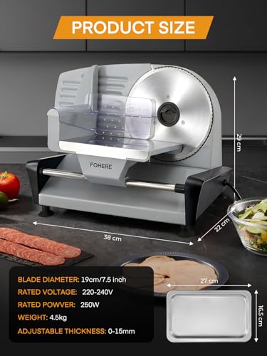 FOHERE Cortadora de Fiambre 250W, Cortadora de Carne y Pan con Cuchillas Serradas y Lisas de 19cm, Espesor Ajustable 0–15mm, Bloqueo de Seguridad, Pies Antideslizantes, Fácil de Limpiar