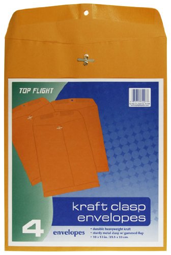 UPC 075755744073, Top Flight Clasp Envelopes, Gummed and Clasped Closure, 10 x 13 Inches, Brown Kraft, 4 Envelopes per Pack (6911021)