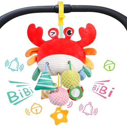 Car Seat & Stroller Toys for Babies 0-6 Months, Crab Baby Car Seat Toys for Boys Girls, Infant Newborn Stroller Toys with Beep, Mirror, Small Bell, Baby Teether, and Soft Ball for Ages 0 Months and Up