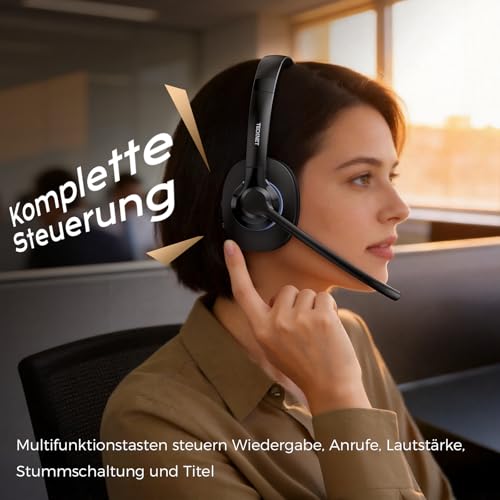 TECKNET V6.0 Bluetooth Headset with Microphone, Wireless Headset with AI Noise Cancelling Bluetooth Wireless Headphones PC On Ear with USB-C Receiver Office/Trucker/Call Centre - 50+ Hours Battery