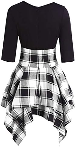 Women Casual Round Neck Half SleeveLace Up Tartan Plaid Print Asymmetrical Fashion Irregular Hem Mini Dress