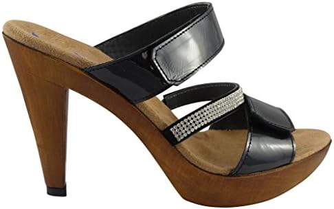 Helle Comfort Women's Natasha Black Patent 2 Velcro Slide With Rhinestone Band 36