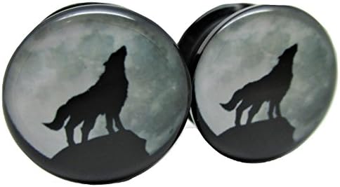 Wolf Howling at the Moon Ear Plugs - Acrylic - Screw-On - NewPair - 8 Sizes (2 Gauge (6mm))