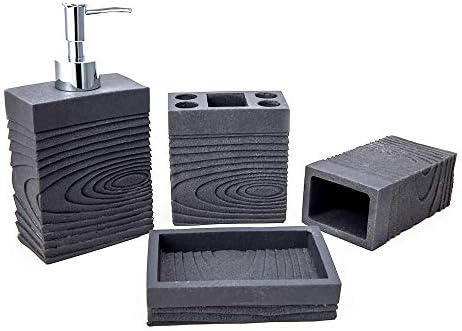 Advanced Resin Simple Modern Bathroom Accessory Set, Matte Texture, Full Set Includes 1 Tumbler, 1 Toothbrush Holder, 1 soap Dish and 1 Soap Dispenser (Deep Grey(Stripe))