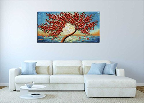 baccow - Seaview Modern Seascape Sunrise Hand Painted 3D Canvas Painting Artwork Red Texture Floral Trees Contemporary Wall Art Oil Painting on Canvas for Home Decorations Wall Decor 2448inch …