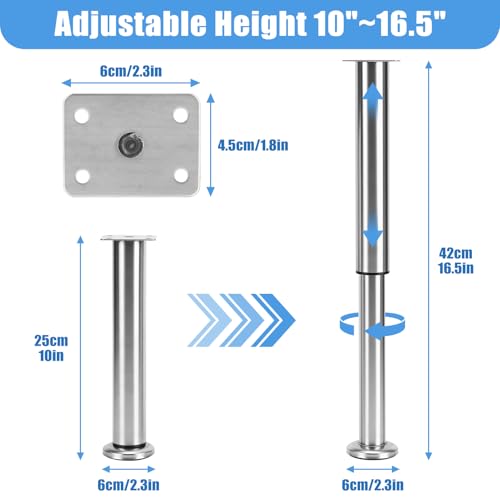Set of 4 Adjustable Furniture Feet, Stainless Steel Furniture Legs with Non-Slip Pads, Load up to 500 kg for TV Cabinet Sofa Bed (25-42 cm)