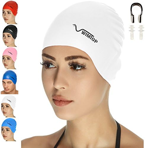 Premium Silicone Swim Cap for Men and Women Free Nose Clip and Ear Plug (white)