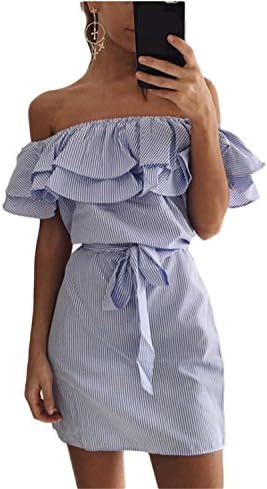 Fashion Women's Striped Dresses Sexy Ruffle Dress Casual Style Comfortable Pretty Canonicals with belt BLUE M