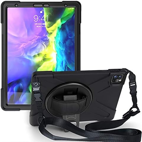 PROTECT+ iPad Pro 11 2020 Case/2018 Case Shockproof Rugged Kickstand Protective Full Protection Case for Apple Release 2nd Generation with Hand Strap and Shoulder Strap Stand - Black